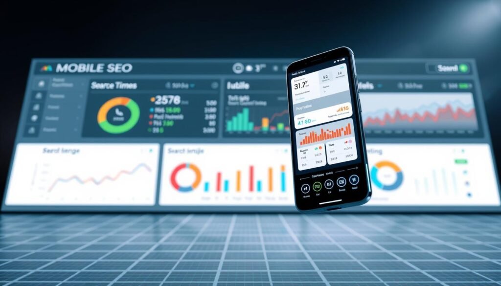 A sleek, high-tech dashboard displaying a range of mobile SEO performance metrics. In the foreground, a smartphone hovers, its screen showcasing colorful graphs and charts tracking key data points like page load times, mobile-friendliness, and search engine rankings. The middle ground features a minimalist user interface with clean typography and intuitive controls, allowing for seamless analysis and optimization of mobile search engine strategies. In the background, a subtle grid pattern and muted color palette create a sense of digital sophistication, complementing the advanced technology on display. Soft, directional lighting highlights the crisp, responsive design, conveying the power and precision of these essential mobile SEO tools.