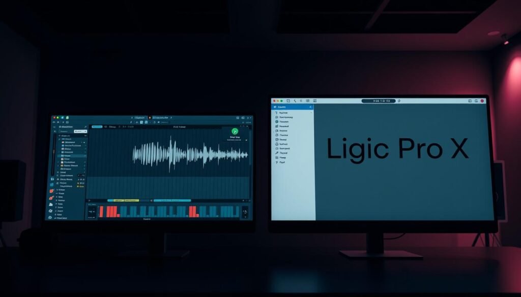 A sleek, minimalist digital audio workstation (DAW) interface comparison, featuring FL Studio and Logic Pro X software windows side-by-side. The scene is set in a dimly lit, modern studio environment with subtle ambient lighting and a sense of depth. The two DAW windows, rendered in high detail, showcase their unique visual designs and user control layouts. The overall composition emphasizes the clean, uncluttered aesthetic, allowing the audience to clearly observe and compare the distinct interfaces. The image conveys a professional, tech-savvy atmosphere suitable for an article on selecting the right DAW for music production.