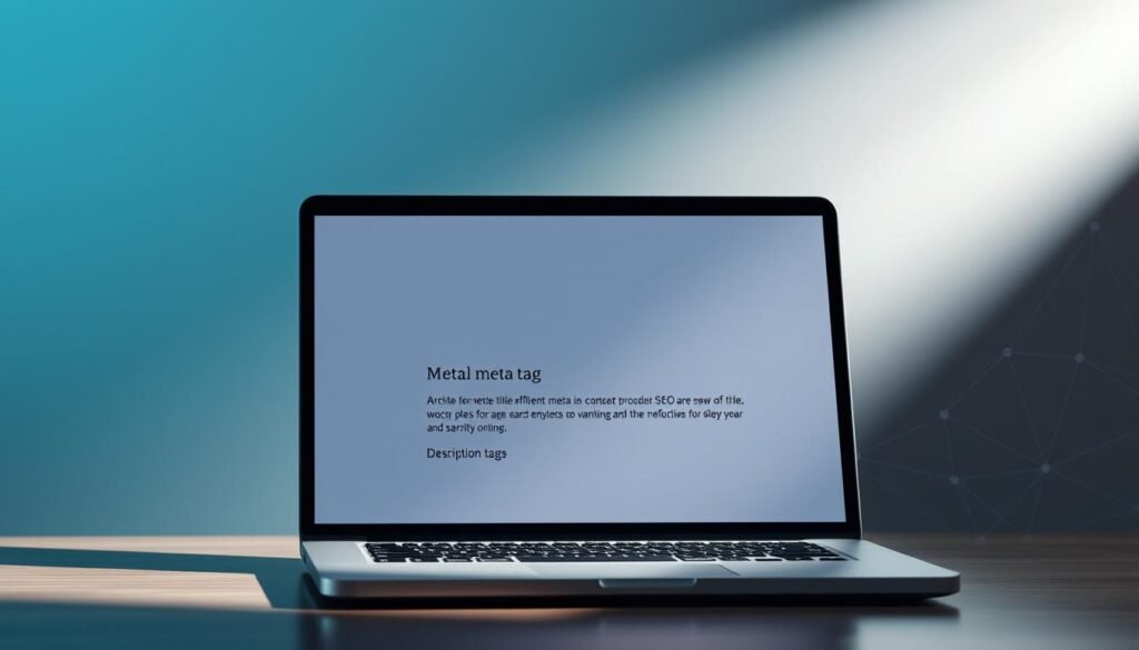 A sleek, minimalist digital illustration showcasing the key elements of effective meta tag optimization for SEO. In the foreground, a laptop screen displays well-crafted meta title and description tags, highlighted by a soft glow. The middle ground features an abstract data visualization, with interconnected nodes and lines symbolizing the complex web of search engine algorithms. In the background, a subtle gradient backdrop in muted hues of blue and gray creates a sense of depth and technical sophistication. Dramatic, directional lighting from the upper left casts dynamic shadows, emphasizing the importance of meta tag optimization in elevating online content visibility and search engine rankings.