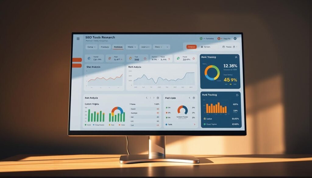 A sleek, modern SEO tools dashboard displayed on a high-resolution monitor, bathed in warm, directional lighting that casts subtle shadows. The dashboard showcases a clean, minimalist design with intuitive data visualizations, including line graphs, pie charts, and custom widgets. The layout is well-organized, with clear sections for keyword research, site analysis, rank tracking, and performance metrics. The color scheme is a harmonious blend of blues, grays, and whites, creating a professional and efficient aesthetic. The overall mood is one of focused productivity, empowering the user to make data-driven decisions to optimize their SEO strategy.