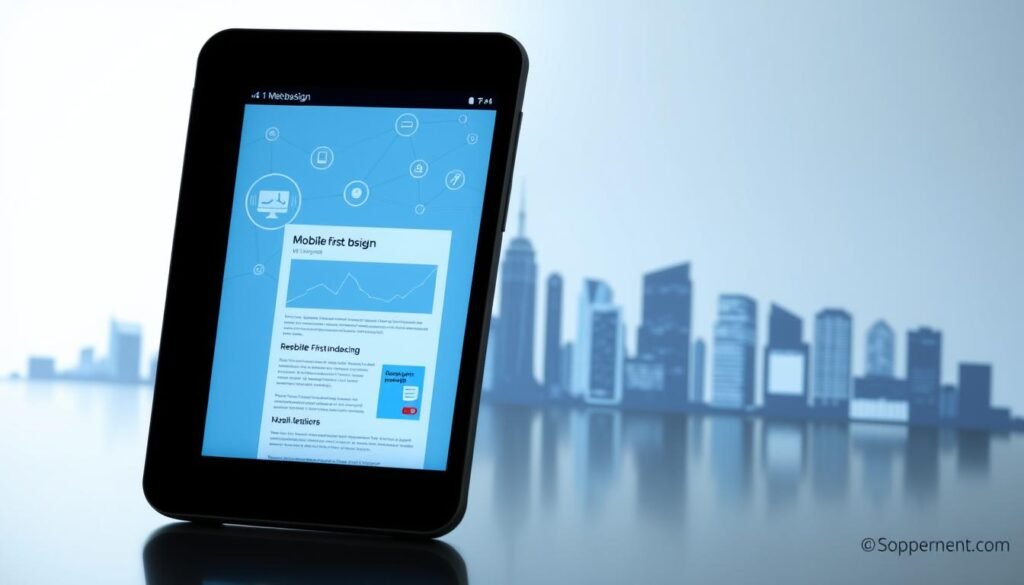 A sleek, modern mobile device dominates the foreground, its screen filled with a responsive web design layout. In the middle ground, a network of interconnected devices and data visualizations illustrate the concept of mobile-first indexing. The background features a cityscape silhouette, symbolic of the ubiquity of mobile technology in the contemporary digital landscape. Soft, directional lighting casts subtle shadows, creating depth and emphasizing the technological theme. The overall mood is one of innovation, progress, and the increasing importance of mobile-optimized content in modern search engine optimization.