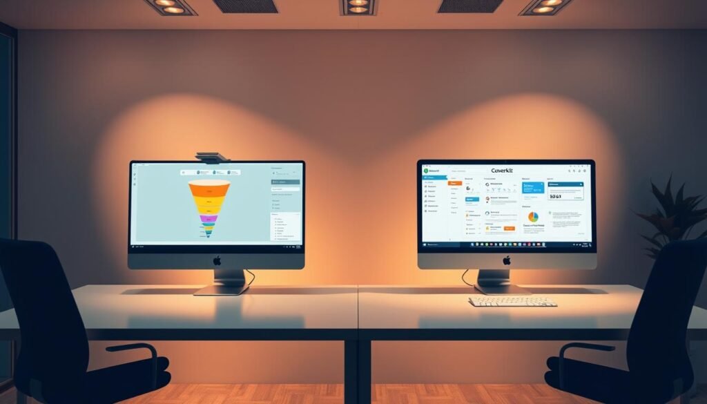 A sleek, modern office setting with two distinct workstations representing ClickFunnels and ConvertKit. The ClickFunnels workstation features a large monitor displaying a sales funnel visualization, while the ConvertKit workstation showcases an email marketing dashboard. Warm, directional lighting from the side emphasizes the clean, minimalist aesthetic. The overall composition conveys a sense of professional efficiency, inviting the viewer to imagine how these two platforms could work in harmony to optimize a business's marketing efforts.