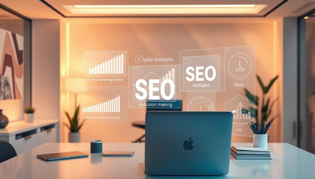 A sleek, modern office space with warm lighting and clean lines. In the foreground, a laptop and desk accessories represent the tools of a creative professional. In the middle ground, digital marketing metrics and SEO strategies are visualized as holographic displays, indicating the importance of data-driven decision making. The background features abstract geometric patterns and soft gradients, creating a sense of depth and technologically advanced atmosphere. The overall composition conveys the intersection of creativity and analytical strategies that empower modern creative businesses.