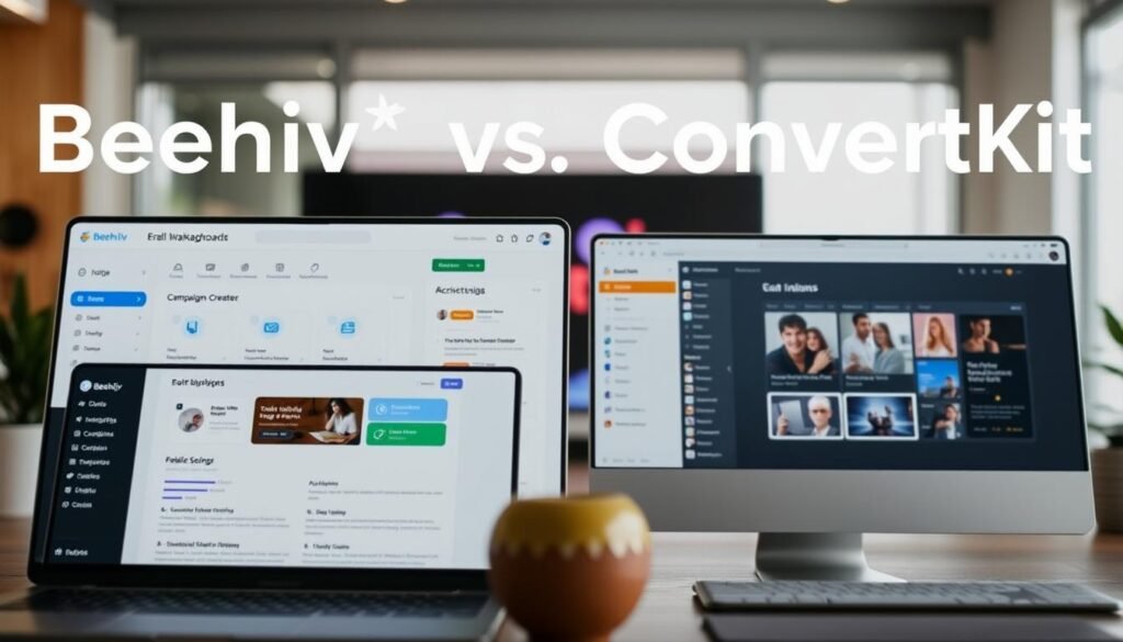 A sleek, modern user interface comparing two leading email marketing platforms, Beehiiv and ConvertKit. The foreground features clean, minimalist dashboard designs with intuitive navigation and analytics panels. The middle ground showcases detailed campaign creation and scheduling tools, while the background subtly blends the distinct branding and color palettes of the two services. The overall composition conveys a sense of efficiency, productivity, and user-centric design, reflecting the "User Experience and Design" focus of the article. Lighting is balanced, with a soft, natural glow illuminating the interfaces. The camera angle is slightly elevated, providing an overview of the comparative experience.
