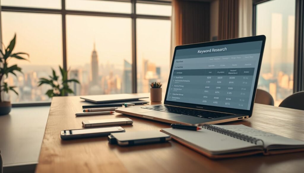 A spacious and well-lit home office setting, with a large desk and various keyword research tools arranged neatly across its surface. In the foreground, a high-resolution close-up of a laptop screen displays a comprehensive comparison of the features, pricing, and user ratings of the leading keyword research platforms. In the middle ground, an array of tools such as a smartphone, a tablet, and a notebook with handwritten notes create a sense of a methodical and organized workflow. The background features a large window overlooking a picturesque cityscape, bathed in warm, natural lighting that casts a soft, inviting glow over the scene. The overall atmosphere conveys a sense of productivity, expertise, and a commitment to mastering the art of effective keyword research.