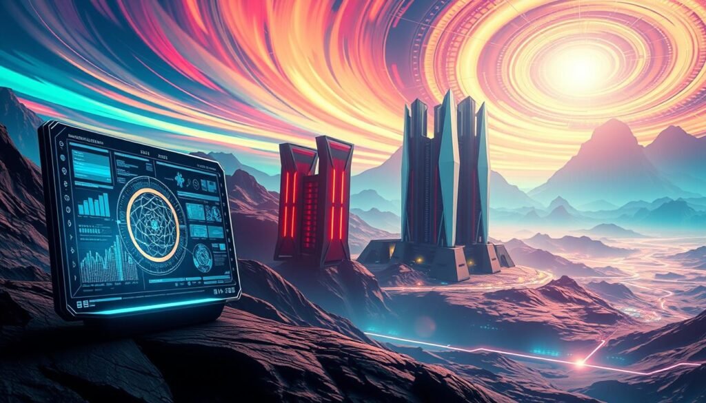 A stunning, futuristic landscape depicting the evolution of SEO in the age of AI. In the foreground, a sleek, holographic interface displays intricate data visualizations, reflecting the increasing integration of artificial intelligence into search engine optimization. The middle ground features towering, angular structures reminiscent of data centers, their facades adorned with glowing neon accents, symbolizing the computational power driving the next generation of SEO. In the distant background, a vibrant, technicolor sky with swirling energy fields sets the tone for a dynamic, rapidly-changing digital landscape. Dramatic lighting casts dramatic shadows, creating a sense of depth and emphasizing the cutting-edge technologies shaping the future of search engine optimization.
