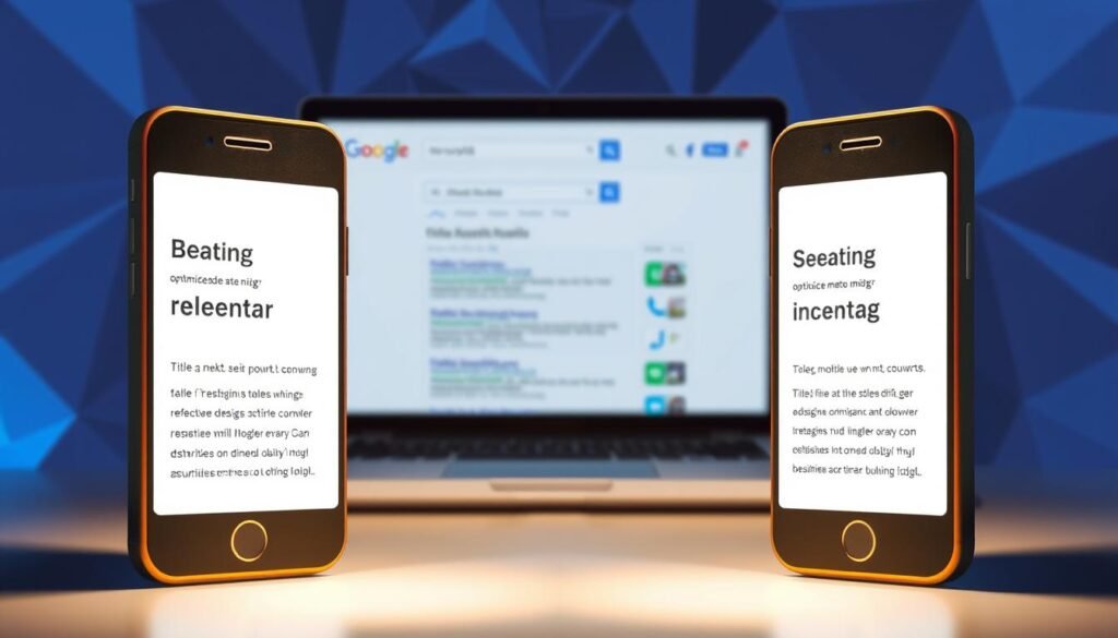 A stylized illustration of mobile device screens showcasing optimized meta tags. Foreground features two smartphones displaying meta tag elements like title, description, and keywords. Midground has a laptop displaying a search engine results page, highlighting the mobile-friendly meta tag impact. Background depicts a abstract geometric pattern in shades of blue, conveying a sense of digital technology. Lighting is soft and diffused, creating a modern, minimalist aesthetic. Camera angle is slightly elevated, providing an comprehensive overview of the mobile optimization process. The overall mood is one of clean, efficient design emphasizing the importance of proper meta tag implementation for strong mobile SEO.