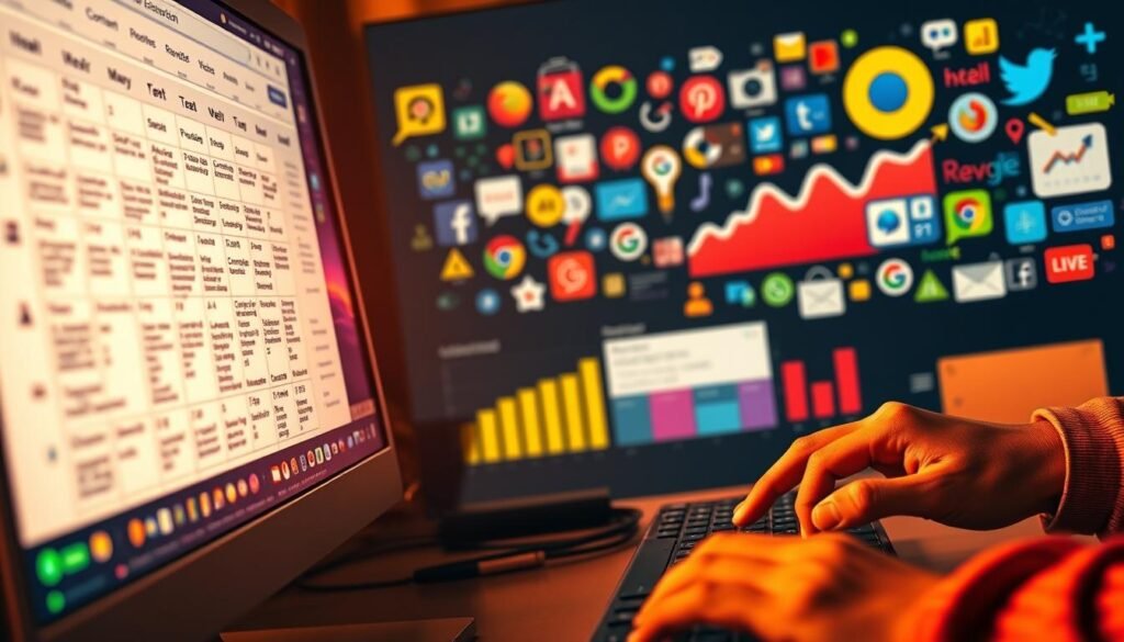 A vibrant and dynamic digital landscape, where content creation and SEO strategies intersect. In the foreground, a computer screen displays a content calendar, filled with ideas and keywords. Beside it, a hand types furiously on a keyboard, the glow of the screen illuminating the focused expression. In the middle ground, a web analytics dashboard showcases metrics and insights, guiding the optimization process. In the background, a collage of social media icons, search engine logos, and content creation tools suggest the interconnected nature of modern digital marketing. Warm lighting casts a subtle glow, conveying a sense of productivity and strategic planning. The overall atmosphere is one of purposeful, innovative content creation, driving impactful SEO success.