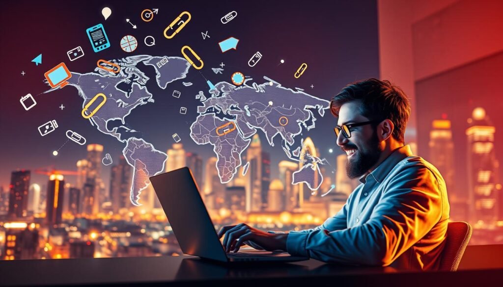 A vibrant and visually striking image showcasing "Content Marketing Backlink Strategies". In the foreground, a dynamic content creator types enthusiastically on a laptop, surrounded by a swirl of floating backlink icons, arrows, and other digital elements. The middle ground features a stylized world map, highlighting the global reach of content marketing tactics. In the background, a glowing, futuristic cityscape sets the scene, hinting at the digital, interconnected nature of modern marketing. The lighting is warm and inviting, with a sense of energy and movement throughout the composition. The overall mood conveys the power and potential of content marketing as an effective off-page SEO strategy.