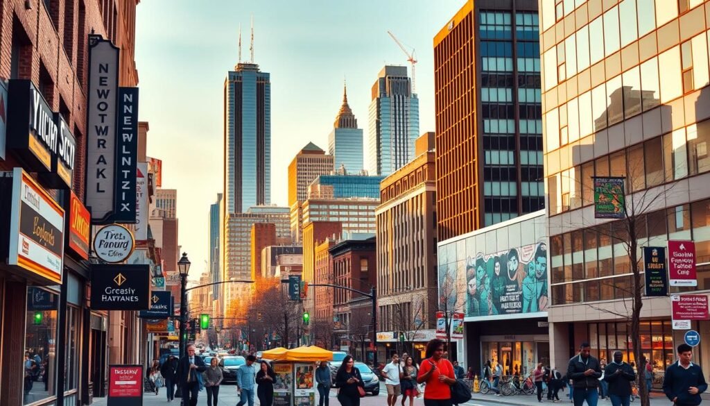 A vibrant cityscape of Newark, New Jersey, capturing the essence of local SEO strategies. In the foreground, a bustling street scene with local businesses, their storefront signs and logos prominently displayed. In the middle ground, people navigating the streets, interacting with their smartphones, representing the importance of online presence and visibility. The background features the iconic skyline of Newark, with towering skyscrapers and landmarks, symbolizing the broader regional context. The lighting is a warm, golden hour glow, creating a sense of energy and growth. The overall composition conveys the idea of leveraging local SEO to enhance a business's online footprint and connect with the surrounding community.