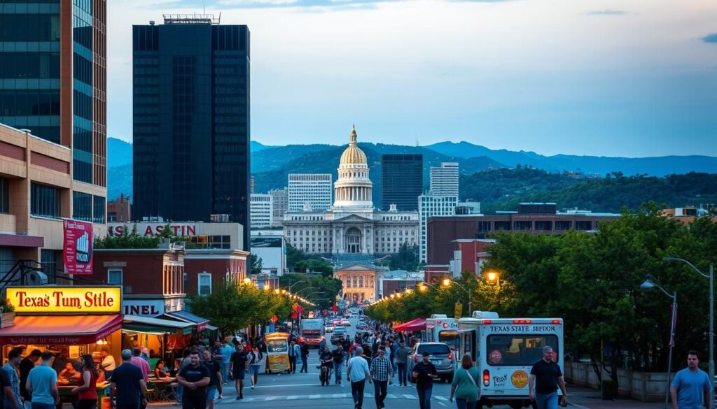 A vibrant cityscape of downtown Austin, Texas, illuminated by warm evening light. In the foreground, a bustling street scene with people walking, local shops, and food trucks serving up delicious Tex-Mex cuisine. In the middle ground, towering skyscrapers and iconic buildings like the Texas State Capitol, showcasing the city's dynamic business landscape. In the background, the rolling hills and lush greenery of the surrounding Hill Country, creating a picturesque natural backdrop. The scene has a lively, energetic atmosphere, reflecting the vibrant entrepreneurial spirit of Austin's local businesses. The lighting is soft and directional, creating depth and highlighting the details of the urban environment. Captured with a wide-angle lens to encompass the full grandeur of the cityscape.