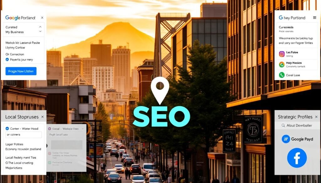 A vibrant cityscape of downtown Portland, with iconic landmarks like the Hawthorne Bridge and Mount Hood in the distance. In the foreground, a bustling street scene featuring local businesses, signage, and pedestrians. The middle ground showcases a variety of local SEO strategies, such as curated Google My Business listings, optimized website content, and strategic social media profiles. The background is bathed in warm, golden lighting, creating a welcoming and inviting atmosphere that captures the essence of Portland's thriving local economy.