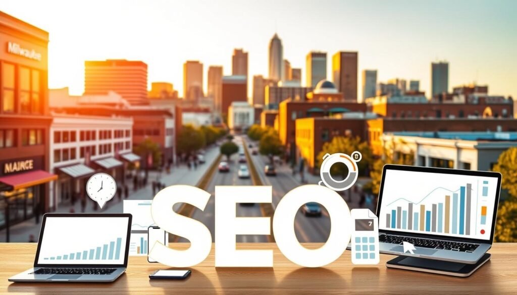 A vibrant cityscape with the iconic Milwaukee skyline in the background, bathed in warm, golden afternoon light. In the foreground, a collection of digital devices and SEO-related icons, including laptops, smartphones, and graphs, are strategically arranged to convey the essence of local SEO strategies. The middle ground features a bustling street scene with pedestrians and local businesses, highlighting the importance of a strong online presence for Milwaukee-based companies. The composition is crisp, with a shallow depth of field that draws the viewer's attention to the central SEO elements. The overall mood is one of productive, tech-savvy professionalism, capturing the spirit of Milwaukee's thriving local business community.