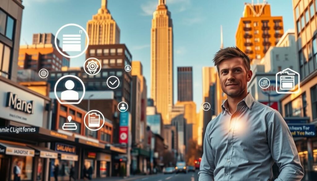 A vibrant, dynamic cityscape depicting the essential strategies for optimizing local SEO. In the foreground, a search engine optimization expert stands confidently, surrounded by glowing digital icons and symbols representing local citations, reviews, and website optimization. The midground features a bustling urban street, with small businesses adorned with signage and storefronts. In the background, the iconic skyline of New York City's skyscrapers stands tall, bathed in a warm, golden light that illuminates the scene. The overall mood is one of focus, innovation, and the pursuit of digital visibility in the local marketplace.