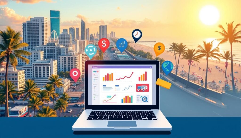 A vibrant illustration of "Local SEO Strategies for Fort Lauderdale Businesses". In the foreground, a bustling cityscape of Fort Lauderdale's iconic architecture and palm trees, captured in a warm, golden hour glow. The middle ground features a laptop displaying analytics and SEO optimization tools, surrounded by local business icons like a food truck, a storefront, and a beach umbrella. In the background, a sun-drenched beach scene with people enjoying the coastal lifestyle. The overall mood is one of dynamic growth and prosperity, reflecting the potential of effective local SEO for businesses in this thriving Florida city.