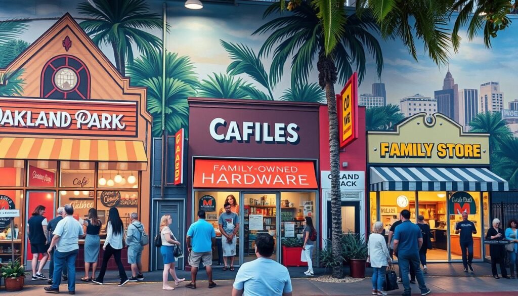 A vibrant mural depicting a diverse array of local Oakland Park businesses, including a bustling cafe, a charming boutique, and a family-owned hardware store. The scene is illuminated by warm, natural lighting, showcasing the unique character and personality of each establishment. In the foreground, people of various ages and backgrounds engage with the businesses, highlighting the sense of community and local pride. The middle ground features eye-catching signage and window displays, drawing the viewer's attention to the unique offerings and services available. In the background, a cityscape of Oakland Park's iconic architecture and lush greenery frames the scene, creating a cohesive and visually appealing local content strategy.