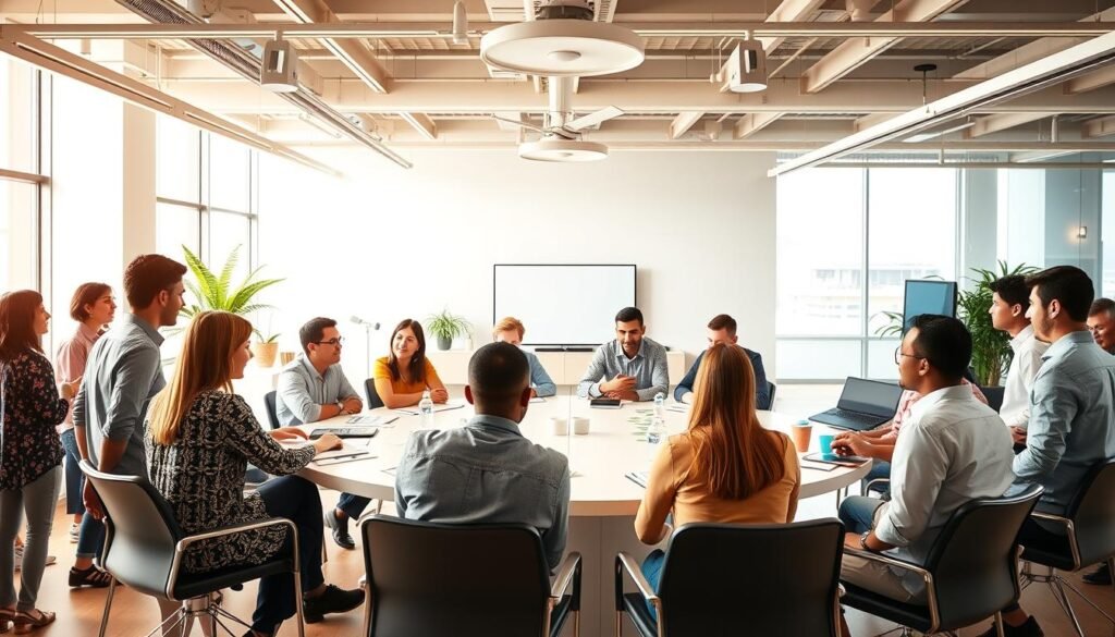 A vibrant, online community engagement scene for link building. In the foreground, diverse individuals actively participate in discussions, sharing insights and building connections. The middle ground features a large circular table, symbolizing collaboration and networking. The background showcases a modern, minimalist office space with clean lines, ample natural lighting, and warm tones. The overall atmosphere conveys a sense of productivity, innovation, and a thriving digital ecosystem. Captured with a wide-angle lens, the image highlights the dynamic, interactive nature of online community engagement as a powerful off-page SEO tactic.