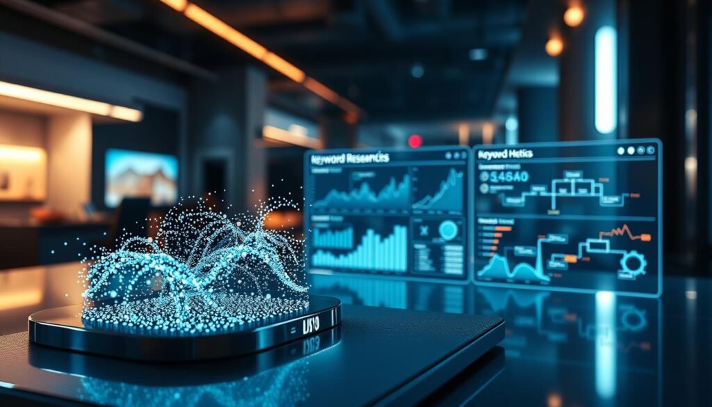 A vibrant visualization of keyword research data, with a sleek, minimalist aesthetic. In the foreground, a holographic scatter plot of keyword metrics hovers above a glossy, chrome-accented desktop, its points of light ebbing and flowing. In the middle ground, a series of intuitive data visualizations - bar charts, line graphs, and treemaps - display insights gleaned from the research, rendered in a cool, monochromatic palette. The background is a softly blurred, high-tech environment, with subtle hints of futuristic architecture and glowing interface elements, creating a sense of technological sophistication. Dramatic, directional lighting casts dramatic shadows, enhancing the sense of depth and dimensionality. The overall mood is one of clarity, control, and data-driven decision-making.