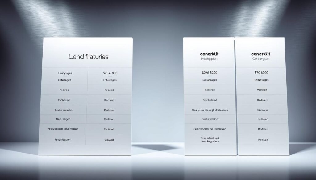 A vibrant, visually striking comparison of Leadpages and ConvertKit pricing plans, shot with a crisp, high-resolution lens and dramatic studio lighting. In the foreground, two clean, minimalist pricing tables showcase the key features and costs of each platform, presented against a sleek, brushed-metal background. The middle ground features subtle, elegant icons and graphics highlighting the key differences between the two services. The background is a soft, neutral gradient, allowing the pricing details to take center stage and making the information easily readable and digestible.