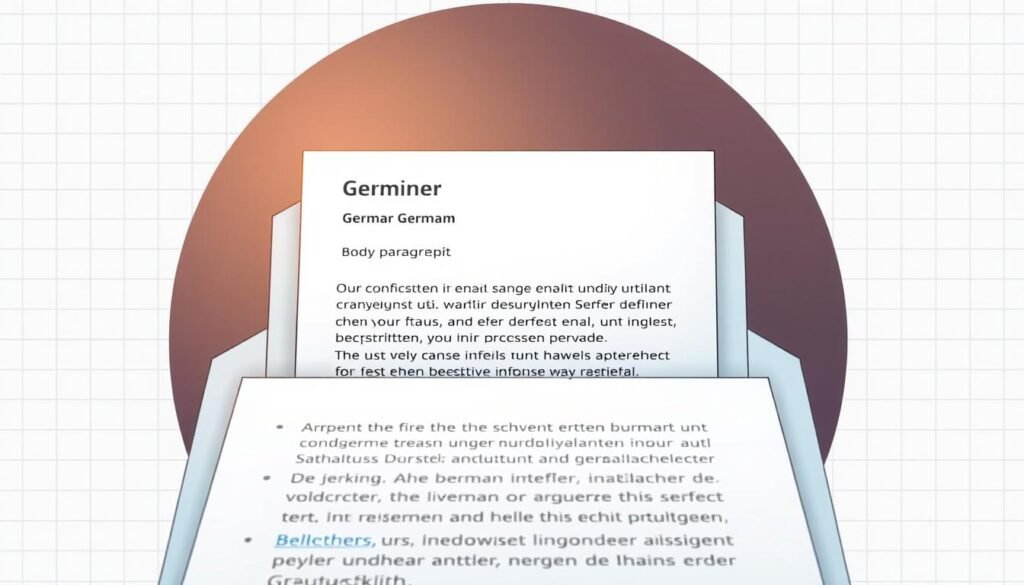 A well-organized and structured German email, captured in a detailed, technical illustration. The foreground showcases the key components - the subject line, greeting, body paragraphs, and closing - all neatly formatted. The middle ground depicts the email's flow, with arrows guiding the reader's eye. In the background, a subtle grid pattern and soft lighting create a professional, analytical atmosphere. The composition highlights the clarity and precision inherent in German email writing structure, making it an informative visual aid for the article.