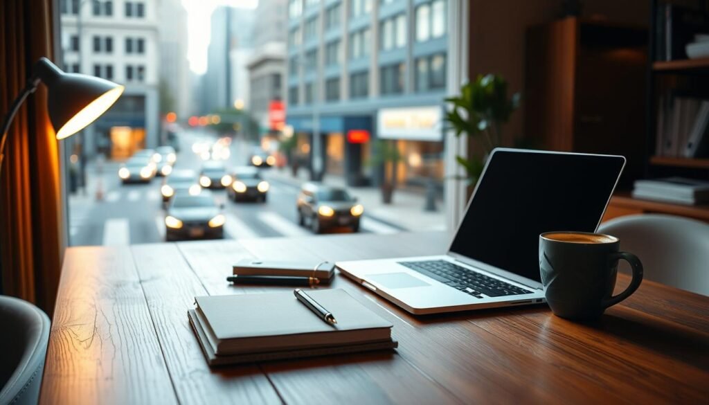 An indoor office scene with a wooden desk showcasing a laptop, a notebook, and a cup of coffee. Soft, warm lighting illuminates the workspace, creating a cozy and productive atmosphere. In the background, a large window overlooks a bustling city street, hinting at the local SEO focus. Tasteful minimalist decor and organization convey the professionalism of a Folsom-based digital marketing expert. The scene should evoke a sense of expertise, diligence, and a commitment to optimizing local online presence.
