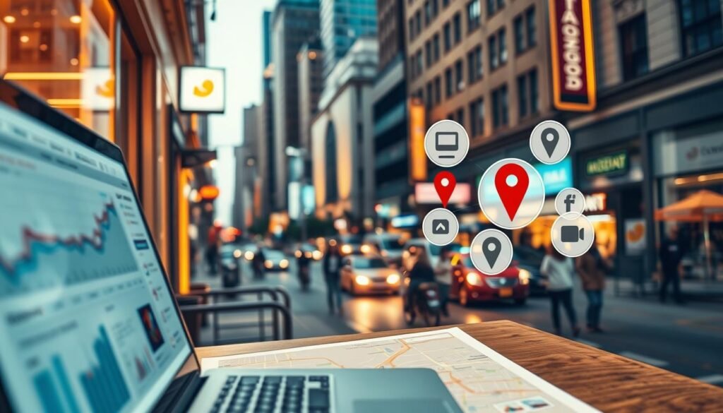 An urban cityscape with a focus on a storefront or business, showcasing the key elements of local SEO optimization strategies. The scene is illuminated by warm, natural lighting, creating a welcoming atmosphere. In the foreground, a desktop computer displays analytics data and search engine optimization tools. The middle ground features a map highlighting the business's location, surrounded by icons representing online reviews, social media, and local directories. In the background, the bustling streets of a thriving commercial district create a sense of activity and economic vitality. The overall composition emphasizes the interconnected nature of local SEO tactics and their importance for boosting the visibility and success of a small business.