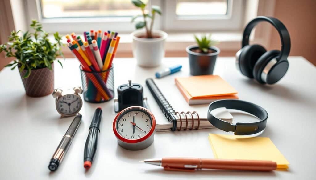 Crisp, well-lit still life arrangement of various productivity tools for writers with ADHD. Foreground features a sleek fountain pen, a set of colorful gel pens, a timer, and a small desk organizer. Middle ground has a hardcover notebook, sticky notes, and a pair of noise-cancelling headphones. Background showcases a minimalist white desk, a potted plant, and warm, natural lighting from a window. The overall scene conveys a sense of focus, organization, and tools designed to help harness creativity and attention for optimal writing sessions.