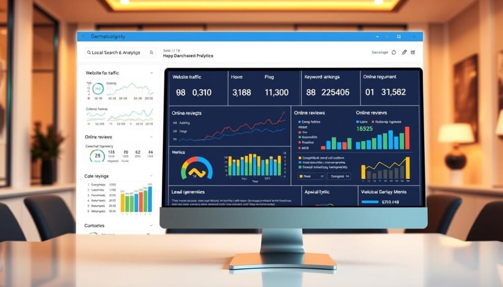 Dermatologist SEO Performance Metrics: A data-driven dashboard showcasing key local search analytics for a dermatology practice. In the foreground, a sleek computer monitor displays a comprehensive overview of website traffic, keyword rankings, online reviews, and lead generation metrics. The middle ground features a stylized infographic with colorful graphs and charts, providing at-a-glance insights into the practice's online visibility and engagement. The background is a minimalist office setting, with warm lighting and a sense of professionalism, reflecting the analytical nature of the subject matter. The overall atmosphere conveys a data-driven approach to improving the dermatologist's local SEO and online presence.