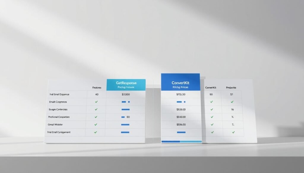 Detailed comparison of pricing plans from two leading email marketing platforms, GetResponse and ConvertKit, presented on a sleek, minimalist interface. The foreground features a clean table layout showcasing plan features and costs, with crisp icons and typography. The middle ground depicts subtle graphs and charts to illustrate cost-effectiveness metrics. The background has a soft, neutral color palette, drawing focus to the key pricing information. Cinematic lighting casts gentle shadows, creating depth and emphasizing the professional, data-driven nature of the content. The overall atmosphere is one of clarity, sophistication, and easy decision-making for the target audience.