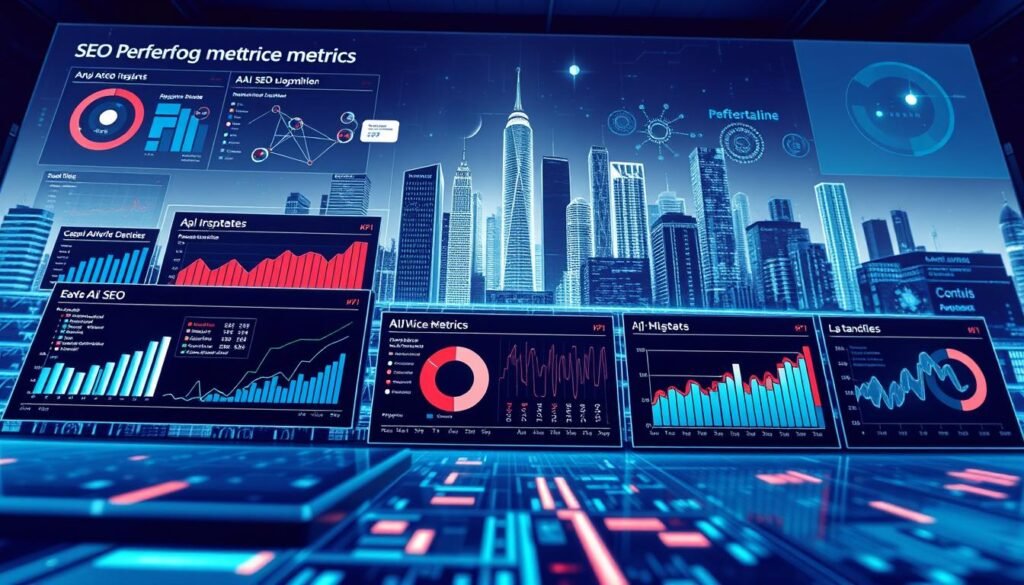 Detailed data visualization dashboard showcasing key AI SEO performance metrics. Crisp, high-resolution digital illustration. Foreground features various KPI graphs, charts, and analytics panels presented on sleek, futuristic interfaces. Midground has network diagrams, algorithm visualizations, and AI models. Background has a minimalist, high-tech cityscape with skyscrapers, holograms, and subtle data streams. Lighting is a cool, blue-tinted tone evoking a sense of advanced technology. Camera angle is slightly low, creating an immersive, slightly elevated perspective. Overall, a visually striking, informative, and technologically sophisticated image.