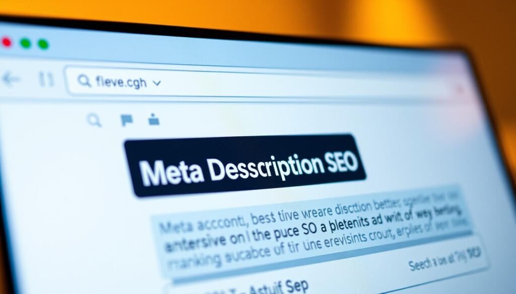Detailed macro shot of a computer screen displaying a search engine result page, with a prominent meta description section highlighted. The meta description text reads "Meta Description SEO Optimization". The background is blurred, putting the focus on the screen. Soft, warm lighting illuminates the scene, creating a professional, informative atmosphere. The composition emphasizes the importance of well-crafted meta descriptions for effective on-page SEO and high search engine rankings.