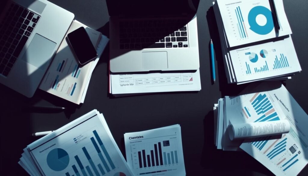 High-contrast overhead view of a desk with various business analytics tools and data visualizations, including a laptop, smartphone, stacks of reports, and charts and graphs. Sleek, modern design with muted colors and clean lines. Crisp, directional lighting from the side casts dramatic shadows, emphasizing the analytical nature of the scene. Depth of field blurs the background, keeping the focus on the foreground elements. The layout and arrangement of the items suggests a systematic, strategic approach to competitive analysis in search engine optimization.