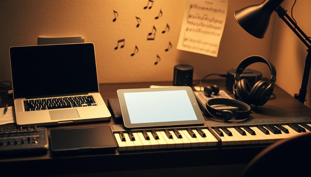 Songwriting Digital Tools: A Workspace of Creativity A neatly organized desk with a laptop, tablet, and various music production hardware - MIDI keyboard, audio interface, and headphones. Soft, warm lighting illuminates the scene, creating a focused and inspiring ambiance. In the background, musical notes and staff paper float gently, hinting at the creative process. The composition emphasizes the harmony between analog and digital tools, reflecting the modern songwriter's hybrid toolkit. An aura of productivity and innovation pervades the frame, inviting the viewer to imagine the melodies and lyrics taking shape in this meticulously curated digital songwriting sanctuary.