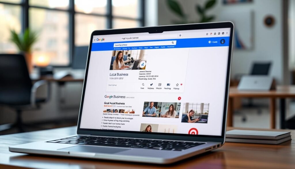 a professional photograph of a Google My Business profile page displayed on a laptop screen, shot with a wide-angle lens in natural window lighting, with a blurred office environment in the background. The profile page shows a local business name, address, phone number, website, and a few reviews, all neatly organized and easy to read. The overall atmosphere conveys a sense of professionalism, optimization, and the importance of local SEO for small businesses.