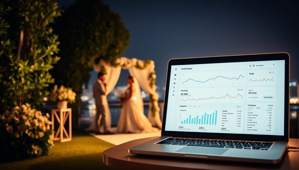 A beautifully lit, conceptual image showcasing a wedding business SEO strategy. In the foreground, a serene wedding ceremony takes place, with a bride and groom exchanging vows against a backdrop of lush greenery and delicate floral arrangements. In the middle ground, a laptop displays analytics data and search engine optimization tools, representing the digital strategies that drive online visibility. The background features a glowing cityscape, symbolizing the global reach and online presence of the wedding business. The lighting is warm and inviting, creating a sense of elegance and sophistication. Captured with a wide-angle lens, the composition emphasizes the harmony between the physical and digital realms of the wedding industry.
