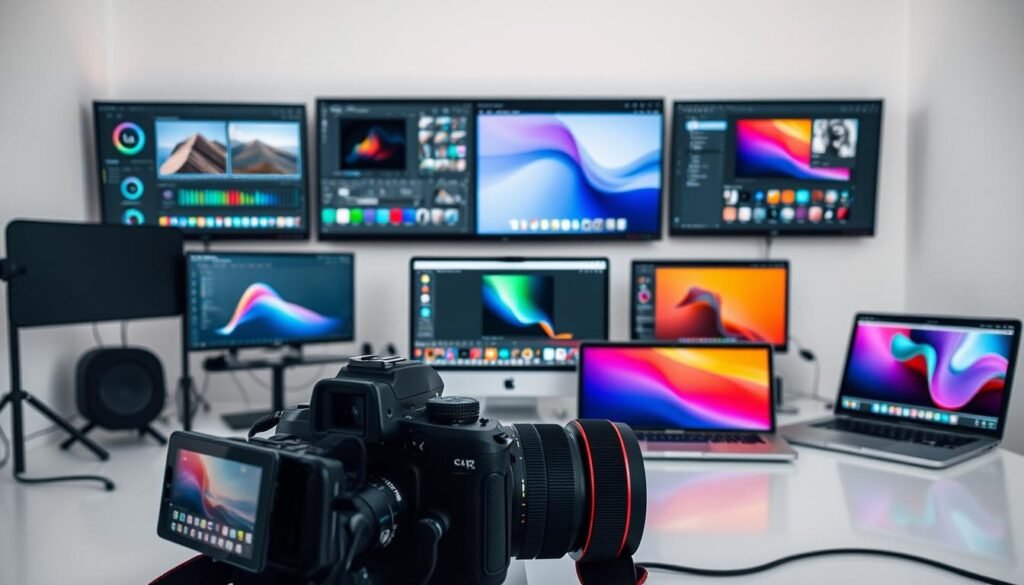 A clean, well-lit studio workspace with an array of professional photo editing software displayed on various screens and devices. In the foreground, a high-end DSLR camera and a selection of editing tools like color palettes, adjustment sliders, and brush controls. In the middle ground, several laptop and tablet screens showcasing the user interfaces of popular photo editing applications, including Adobe Lightroom, GIMP, Affinity Photo, and Pixlr. The background features a minimalist, white-walled setting with soft, even lighting to highlight the technology and tools. The overall atmosphere conveys a sense of productivity, comparison, and the pursuit of image perfection.