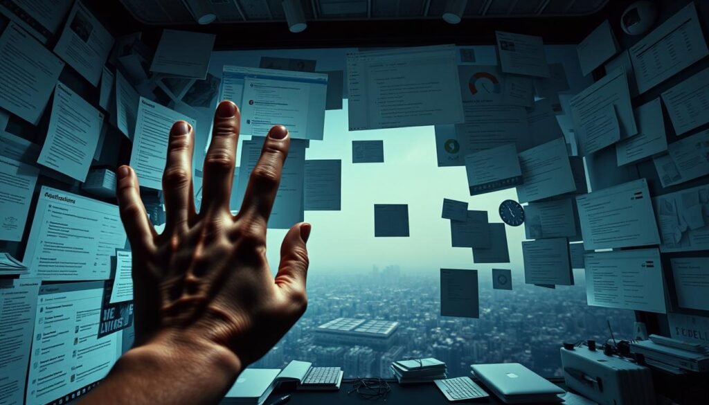 A cluttered digital workspace with multiple windows, notifications, and unfinished tasks overwhelming a frustrated user. The foreground depicts a hand grabbing at the screen, symbolizing the limitations of free project management software. The middle ground shows a jumble of to-do lists, calendars, and collaboration tools, all vying for attention. The background fades into a hazy, dreary landscape, conveying the sense of being trapped in an endless cycle of digital clutter. Harsh, overhead lighting casts sharp shadows, creating a tense, claustrophobic atmosphere. Captured with a wide-angle lens to emphasize the sense of being overwhelmed by the digital environment.