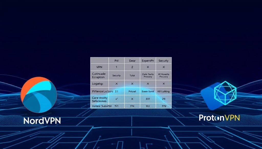 A comparative illustration of VPN security features, showcasing the key capabilities of NordVPN, ExpressVPN, and ProtonVPN. In the foreground, three abstract VPN icons representing each service, with distinctive colors and shapes. In the middle ground, a grid-like interface displaying various security metrics such as encryption, kill switch, and logging policies, allowing side-by-side comparison. The background is a sleek, minimalist landscape of technology, with subtle gradients and abstract patterns, conveying a sense of digital security and privacy. The overall composition is clean, modern, and informative, designed to highlight the critical security differences between the leading VPN providers.