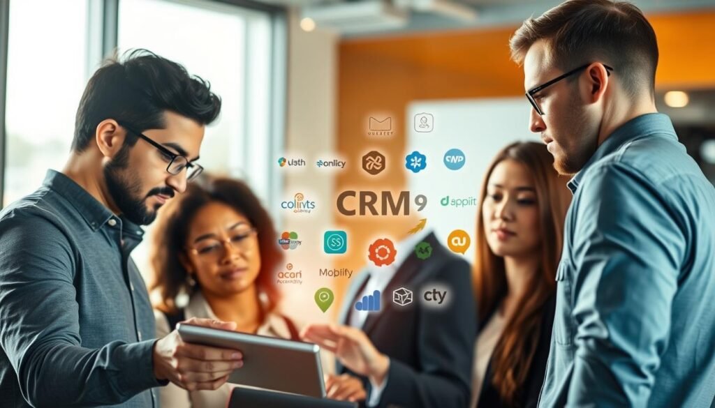 A comprehensive CRM selection process unfolds against a softly blurred backdrop. In the foreground, a group of diverse business professionals examine a large touchscreen display, deeply engaged in thoughtful discussion. Warm, directional lighting casts an air of contemplation, as they meticulously weigh feature sets, pricing, and integrations of various CRM solutions. In the middle ground, a collection of CRM software logos and icons float ethereally, representing the wide array of options available. The overall scene conveys a sense of careful, informed decision-making - the essence of choosing the right CRM for a small business's unique needs.