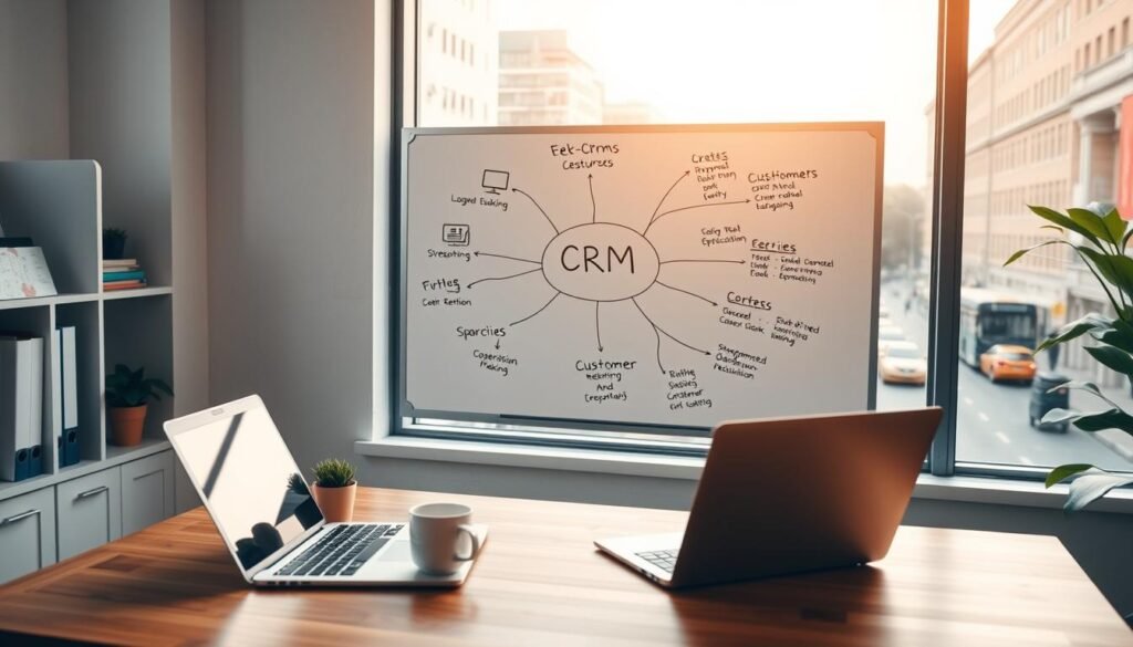 A cozy office setting, with a wooden desk in the foreground featuring a laptop, a small potted plant, and a mug of coffee. In the middle ground, a wall-mounted whiteboard displays a mind map illustrating the key benefits of CRM for small businesses, such as improved customer retention, streamlined operations, and enhanced data-driven decision making. The background showcases a window overlooking a bustling city street, with a warm, natural lighting that casts a soft glow throughout the scene. The overall atmosphere conveys a sense of productivity, organization, and the advantages of leveraging CRM technology for small enterprises.