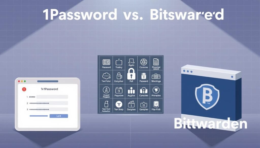 A detailed comparison of 1Password and Bitwarden's security measures, showcased in a visually striking illustration. In the foreground, a seamless integration of 1Password's sleek user interface and Bitwarden's modern aesthetic, symbolizing their robust encryption and authentication protocols. In the middle ground, a matrix of icons representing their respective security features, such as two-factor authentication, zero-knowledge architecture, and password generation. The background depicts a secure digital landscape, with a subtle grid pattern and subdued tones to evoke a sense of reliability and trustworthiness. The entire scene is illuminated by a soft, directional light, casting shadows that highlight the key security elements. The overall mood is one of confidence and assurance, reflecting the reliable protection these password managers offer.