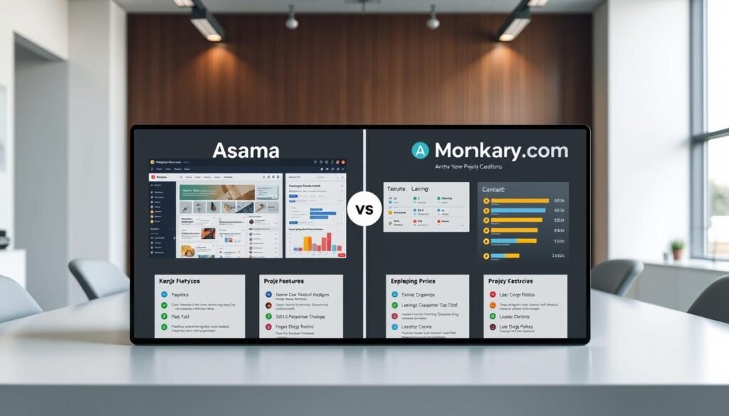 A detailed comparison of Asana and Monday.com, two leading project management software platforms, displayed on a sleek, modern interface. In the foreground, side-by-side windows showcase the distinctive user interfaces and key features of each tool, highlighting their unique strengths. The middle ground features crisp, informative infographics and data visualizations that objectively evaluate the platforms' capabilities, pricing, and user reviews. The background depicts a serene, professional office environment, with clean lines, muted colors, and subtle lighting that creates a sense of balance and credibility. The overall composition conveys a thoughtful, unbiased analysis of the two project management solutions, suitable for a comprehensive user testimonials and case studies section.