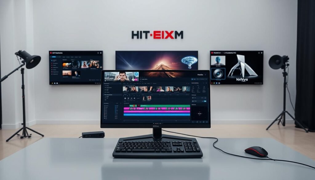 A high-quality, well-lit studio scene showcasing the key features of HitFilm Express video editing software. In the foreground, the software interface is displayed on a sleek, modern desktop setup, with a professional-grade monitor, keyboard, and mouse. The middle ground features various editing tools, including a timeline, color grading panels, and a media library. In the background, a minimalist wall display highlights the program's advanced capabilities, such as 3D compositing, VFX, and audio editing. The overall atmosphere is clean, focused, and designed to emphasize the software's powerful yet user-friendly nature, suitable for both aspiring and experienced video editors.