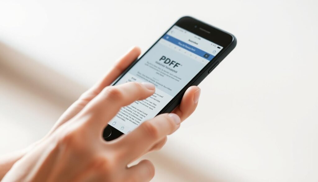 A mobile device, likely a smartphone or tablet, with a PDF document open on its screen. The device is held in the user's hands, fingers interacting with the screen to manipulate the PDF. The background is blurred, keeping the focus on the mobile device and the PDF editing process. The lighting is soft and natural, creating a serene, productive atmosphere. The camera angle is slightly elevated, providing a clear view of the mobile device and the user's hands. The overall composition conveys the ease and convenience of editing PDFs on the go, with a clean, minimalist aesthetic.