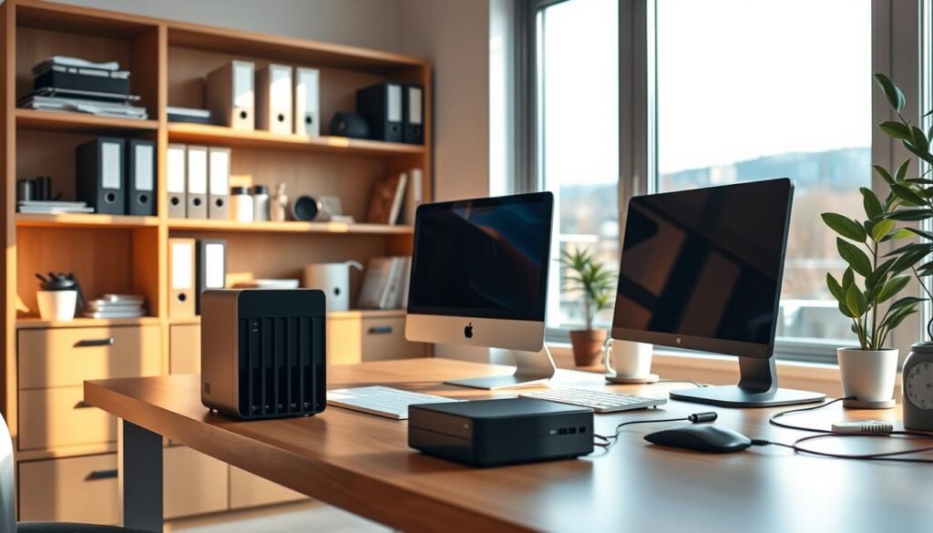 A modern home office with a sleek, minimalist desk showcasing a desktop computer, external hard drives, and a backup storage device. The room is bathed in warm, natural lighting through large windows, creating a cozy and productive atmosphere. The shelves behind the desk display neatly organized folders and tech accessories, conveying a sense of efficiency and organization. The overall scene emphasizes the importance of local backup solutions for personal data, with the hardware and setup highlighting the convenience and reliability of this approach.