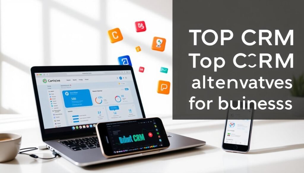 A modern, minimalist desktop scene showcasing four top CRM alternatives for small businesses. In the foreground, a laptop and smartphone display various CRM dashboards and features. In the middle ground, colorful application icons and logos float, representing the different CRM options. The background features a clean, bright workspace with subtle grid patterns and soft shadows, conveying a sense of organization and productivity. The lighting is natural and slightly directional, creating depth and highlighting the CRM tools. The overall mood is professional, tech-savvy, and tailored to the needs of small enterprises.