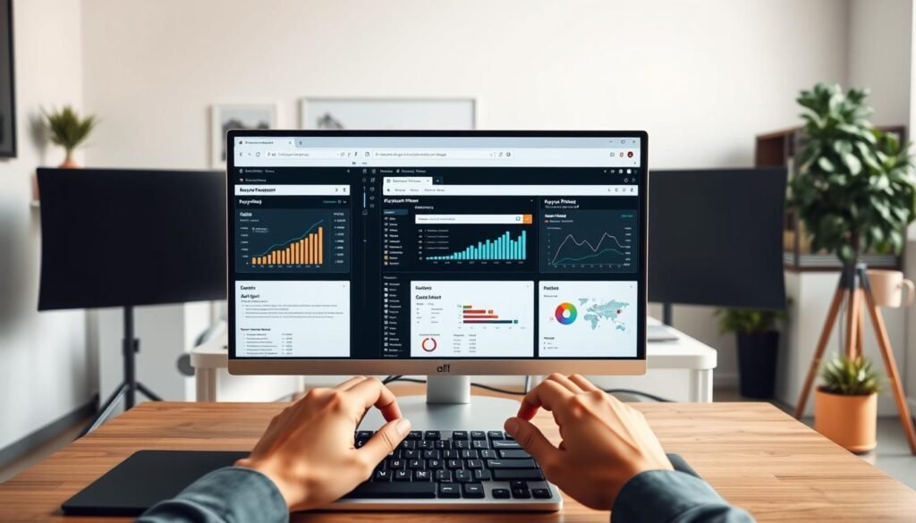 A modern, well-lit office interior with a sleek desktop computer setup. On the screen, various SaaS keyword research tools are displayed, including Ahrefs, SEMrush, Keyword Planner, and others. The tools show data visualizations, keyword search results, and analytics dashboards. In the foreground, a person's hands are operating the keyboard and mouse, interacting with the tools. The background features minimalist decor, with subtle hints of the article's subject matter visible, such as whiteboards or notes. The overall atmosphere is one of focus, productivity, and the strategic use of data-driven insights for SaaS success.