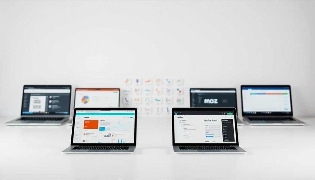 A neatly arranged comparison of top keyword research tools, set against a clean, minimalist backdrop. The foreground features a row of sleek, modern laptop screens, each displaying a different tool's interface - Ahrefs, Semrush, Moz, and Ubersuggest. The middle ground showcases a subtle grid of data visualizations, charts, and analytics, hinting at the powerful insights these tools provide. The background is a soft, neutral gradient, allowing the tools to take center stage. Optimal lighting casts a gentle, professional glow, while a shallow depth of field focuses the viewer's attention on the key elements. The overall mood is one of efficiency, clarity, and the analytical power of these indispensable SEO resources.
