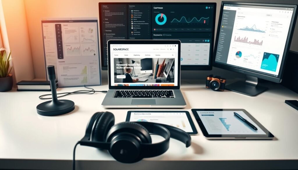 A neatly organized workspace featuring a sleek Squarespace website on a MacBook Pro, surrounded by various SEO tools and analytics dashboards. In the foreground, a high-quality microphone and headphones sit atop a minimalist desk, hinting at content creation. The middle ground showcases a tablet displaying keyword research, while the background features a large monitor with SEO-focused software running. The lighting is warm and natural, creating a productive and professional atmosphere. The composition is balanced, with the Squarespace website as the central focus, emphasizing its integration with essential SEO tools for optimal online visibility.