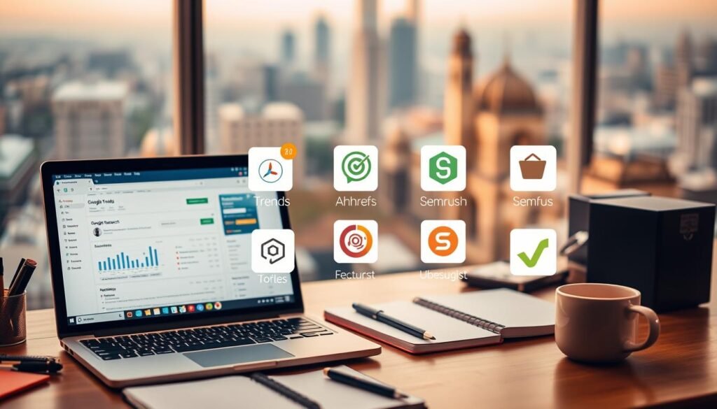 A neatly organized workspace with an array of digital tools and resources for effective keyword research. In the foreground, a laptop displaying a keyword research dashboard, surrounded by an assortment of office supplies, such as a notebook, pen, and a cup of coffee. In the middle ground, various icons and graphics representing popular keyword research tools, including Google Trends, Ahrefs, Semrush, and Ubersuggest, positioned in a visually appealing layout. The background features a soft, blurred cityscape, conveying a sense of a productive, professional setting. The overall scene is well-lit, with a warm, inviting atmosphere, capturing the essence of a travel blogger's toolkit for unlocking the power of keyword research.